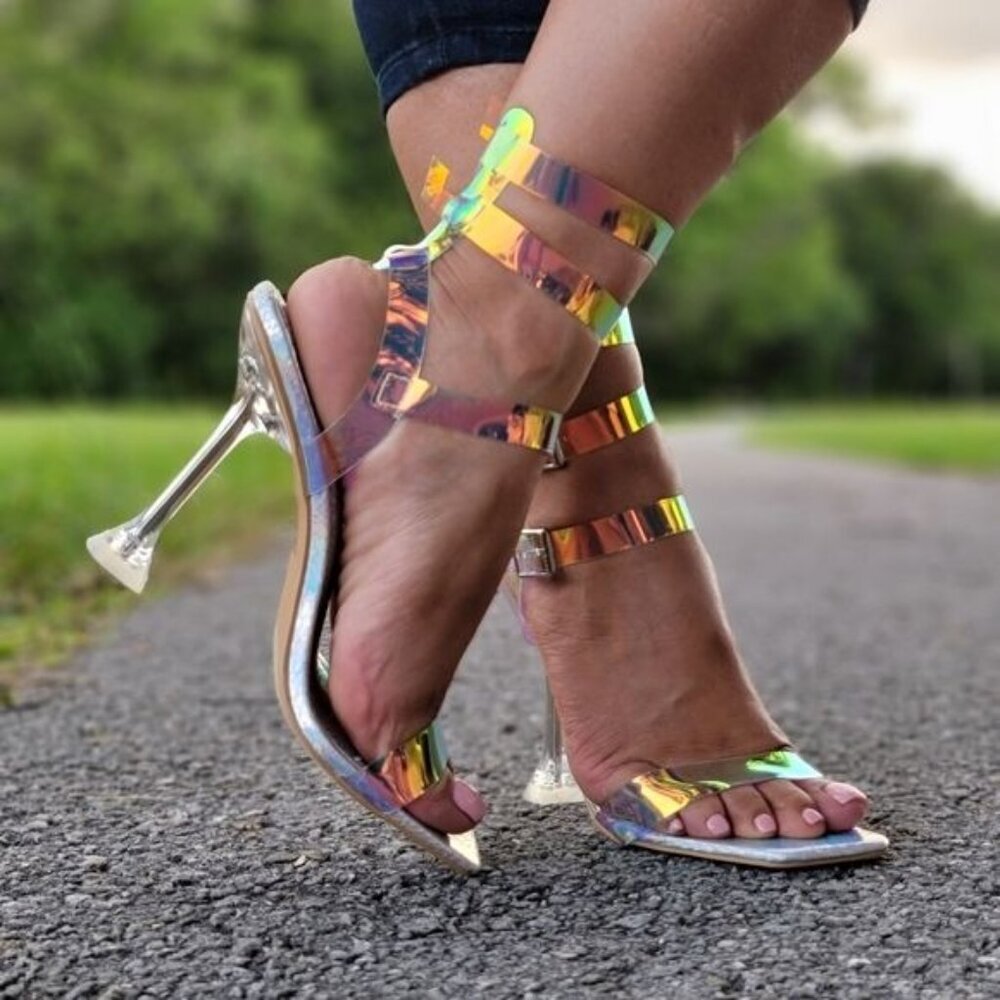 Women’s Strappy Hologram Sandal Pumps Open Toe Spool Heel